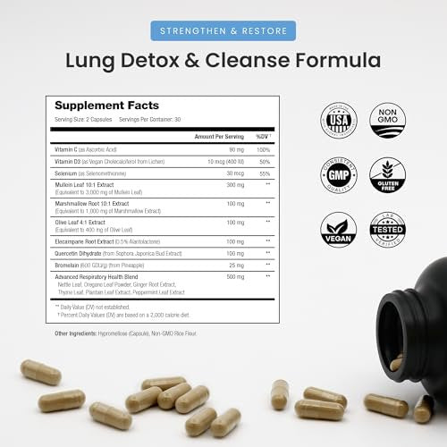 NutraChamps Mullein Blattextrakt zur Lungenreinigung – Extra starke Lungenunterstützung für Raucher, Mullein Kapseln zur Förderung der Atemwegsgesundheit