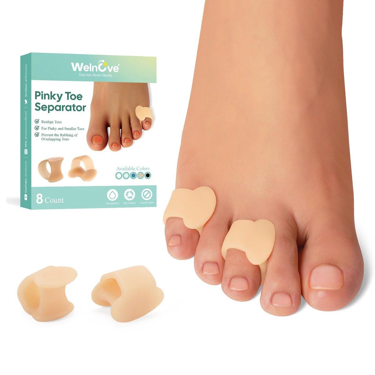 Welnove Gel Zehenspreizer - 8er Packung Pinky Zehenspacer - Kleine Zehenpolster, kleine Hülsen zum Schutz vor Reibung und Druckminderung (Beige)