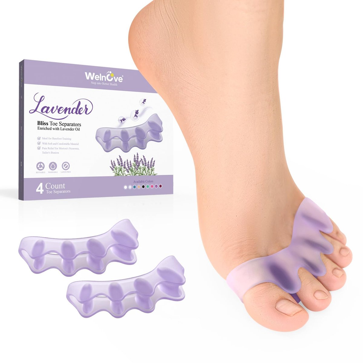 Welnove Zehenspreizer für Damen mit Lavendelextrakt - Zehenkorrektor für Frauen und Männer - Ballenkorrektur für Yoga - Lavendel, 4er-Pack
