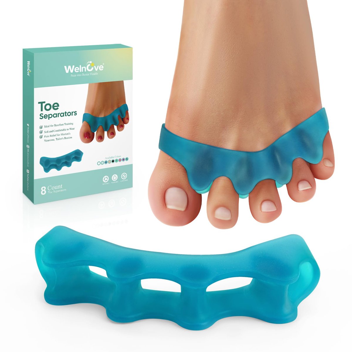 Welnove Silikon-Zehenspreizer für Hallux Valgus Korrektur – 8er-Pack Zehenspacer für Männer und Frauen, Hammerzehen-Richtgerät, Yoga-Übungen, Fußausrichtung, FSA- oder HSA-berechtigt