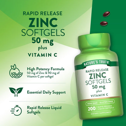 Nature's Truth Zink 50 mg mit Vitamin C – 200 flüssige Softgels, Nicht-GVO & Glutenfrei