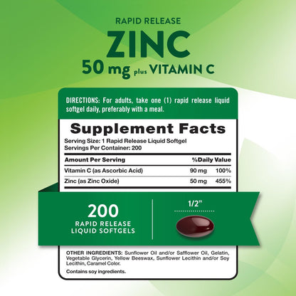 Nature's Truth Zink 50 mg mit Vitamin C – 200 flüssige Softgels, Nicht-GVO & Glutenfrei