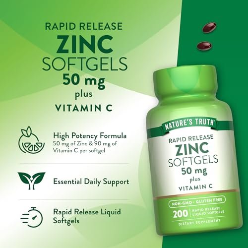 Nature's Truth Zink 50 mg mit Vitamin C – 200 flüssige Softgels, Nicht-GVO & Glutenfrei