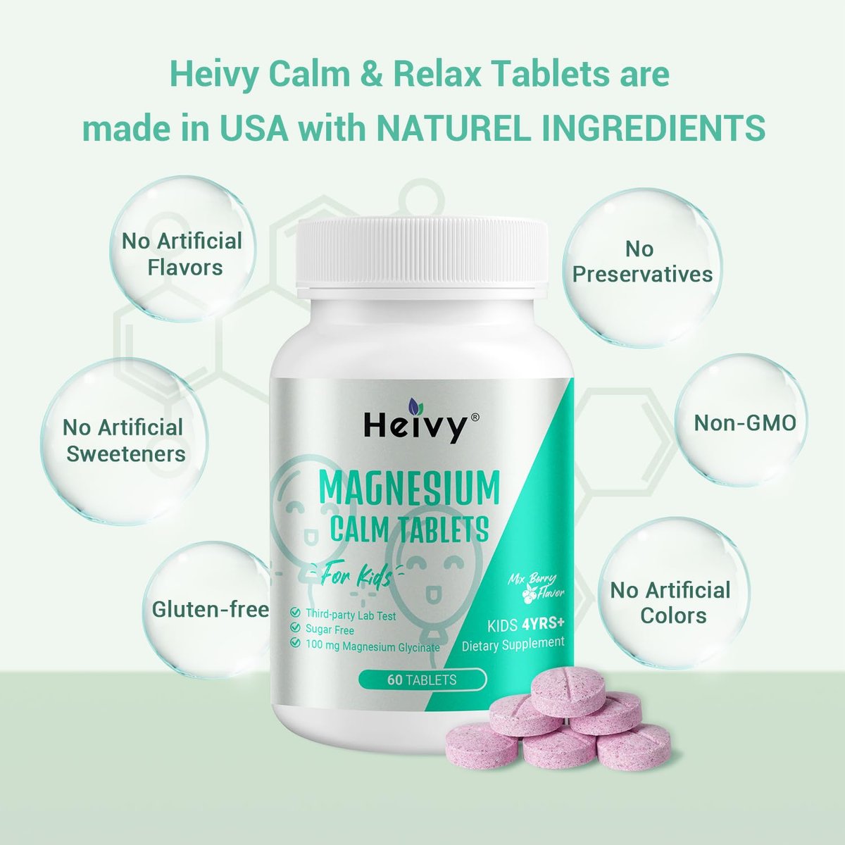 Heivy Kids Beruhigungsergänzung mit Magnesiumglycinat 100 mg & Vitamin B6 – Unterstützt Ruhe & Entspannung, für Kinder ab 4 Jahren, 60 Portionen, vegan, glutenfrei, hergestellt in den USA