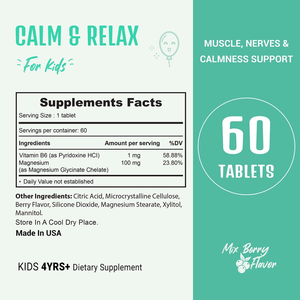 Heivy Kids Beruhigungsergänzung mit Magnesiumglycinat 100 mg & Vitamin B6 – Unterstützt Ruhe & Entspannung, für Kinder ab 4 Jahren, 60 Portionen, vegan, glutenfrei, hergestellt in den USA