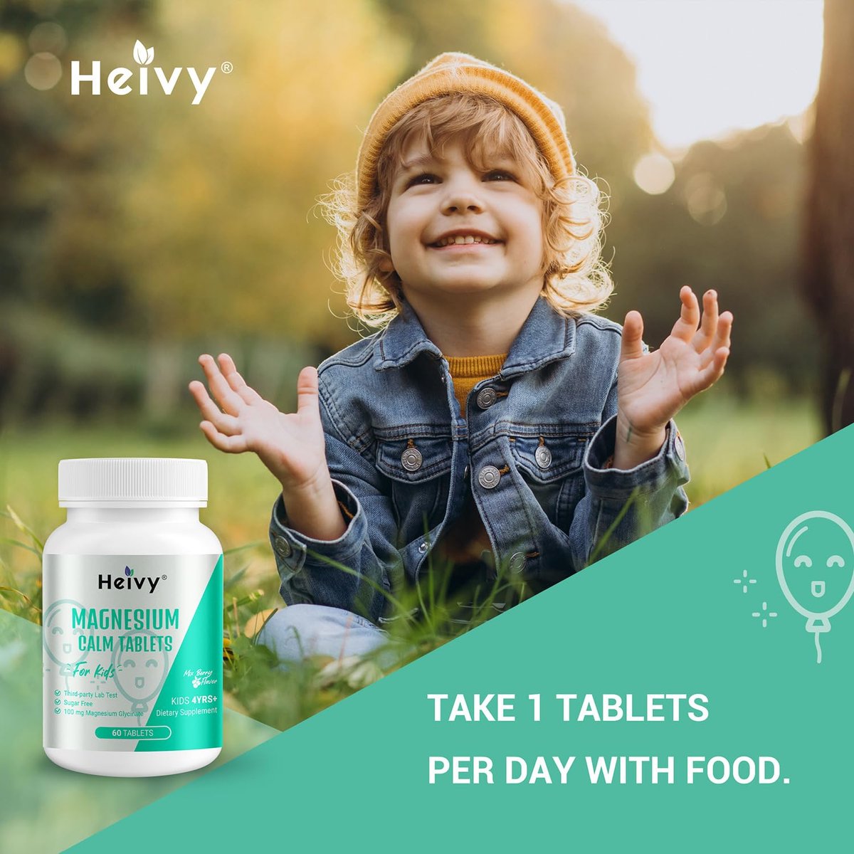 Heivy Kids Beruhigungsergänzung mit Magnesiumglycinat 100 mg & Vitamin B6 – Unterstützt Ruhe & Entspannung, für Kinder ab 4 Jahren, 60 Portionen, vegan, glutenfrei, hergestellt in den USA