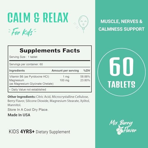Heivy Kids Beruhigungsergänzung mit Magnesiumglycinat 100 mg & Vitamin B6 – Unterstützt Ruhe & Entspannung, für Kinder ab 4 Jahren, 60 Portionen, vegan, glutenfrei, hergestellt in den USA