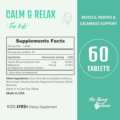 Heivy Kids Beruhigungsergänzung mit Magnesiumglycinat 100 mg & Vitamin B6 – Unterstützt Ruhe & Entspannung, für Kinder ab 4 Jahren, 60 Portionen, vegan, glutenfrei, hergestellt in den USA