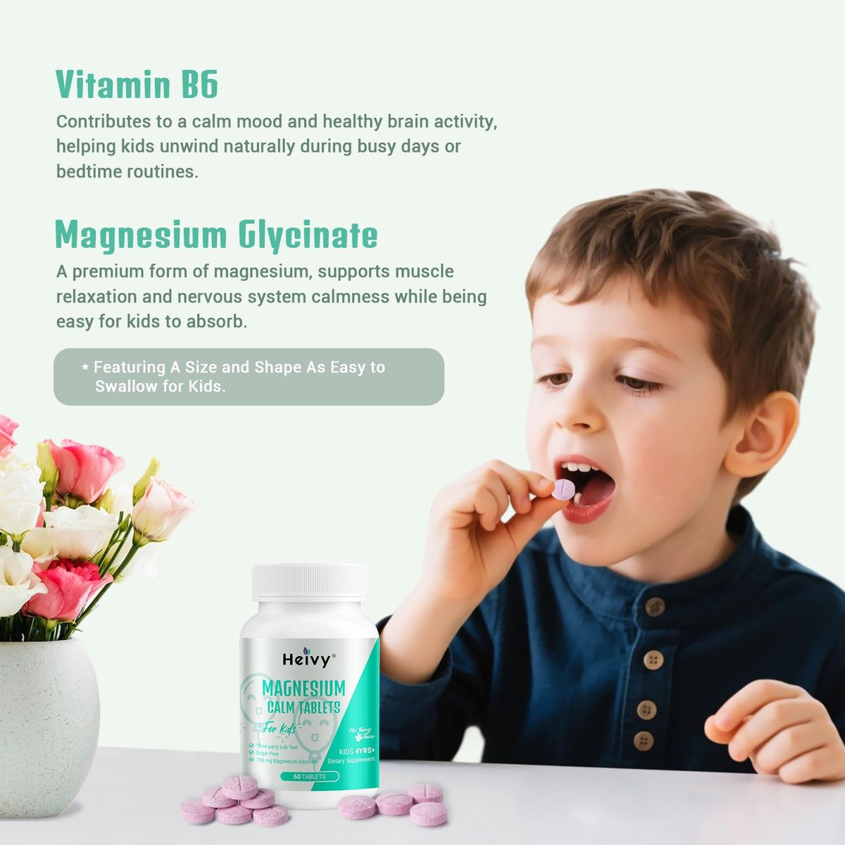 Heivy Kids Beruhigungsergänzung mit Magnesiumglycinat 100 mg & Vitamin B6 – Unterstützt Ruhe & Entspannung, für Kinder ab 4 Jahren, 60 Portionen, vegan, glutenfrei, hergestellt in den USA