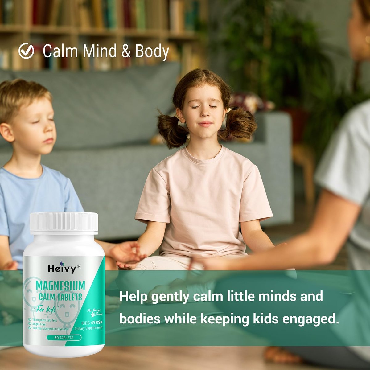 Heivy Kids Beruhigungsergänzung mit Magnesiumglycinat 100 mg & Vitamin B6 – Unterstützt Ruhe & Entspannung, für Kinder ab 4 Jahren, 60 Portionen, vegan, glutenfrei, hergestellt in den USA