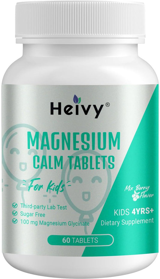 Heivy Kids Beruhigungsergänzung mit Magnesiumglycinat 100 mg & Vitamin B6 – Unterstützt Ruhe & Entspannung, für Kinder ab 4 Jahren, 60 Portionen, vegan, glutenfrei, hergestellt in den USA