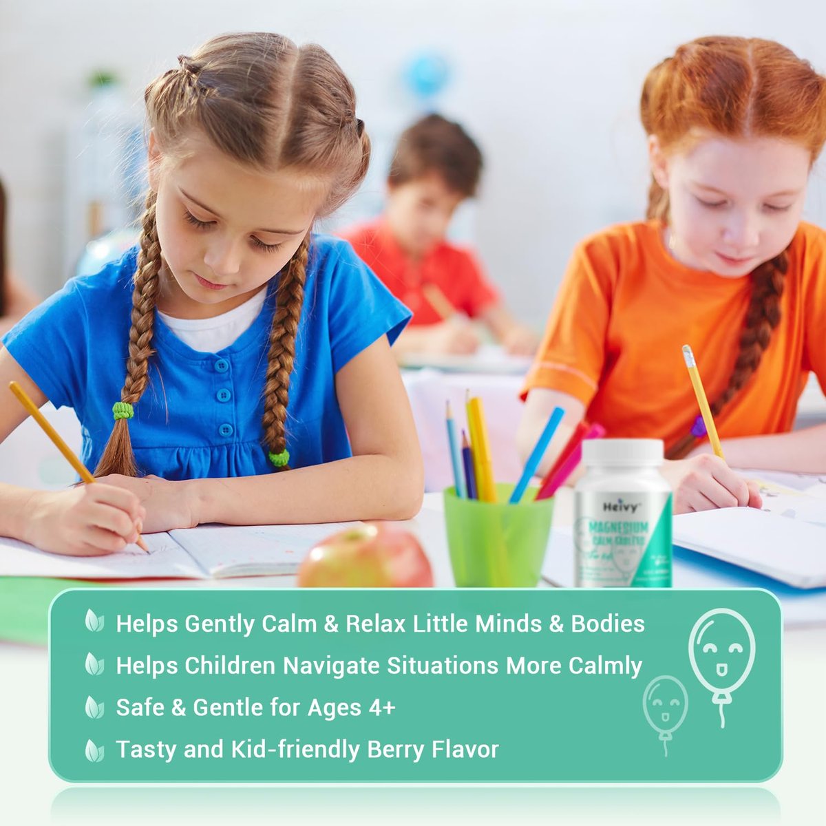 Heivy Kids Beruhigungsergänzung mit Magnesiumglycinat 100 mg & Vitamin B6 – Unterstützt Ruhe & Entspannung, für Kinder ab 4 Jahren, 60 Portionen, vegan, glutenfrei, hergestellt in den USA