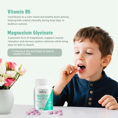 Heivy Kids Beruhigungsergänzung mit Magnesiumglycinat 100 mg & Vitamin B6 – Unterstützt Ruhe & Entspannung, für Kinder ab 4 Jahren, 60 Portionen, vegan, glutenfrei, hergestellt in den USA