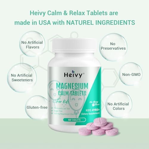Heivy Kids Beruhigungsergänzung mit Magnesiumglycinat 100 mg & Vitamin B6 – Unterstützt Ruhe & Entspannung, für Kinder ab 4 Jahren, 60 Portionen, vegan, glutenfrei, hergestellt in den USA