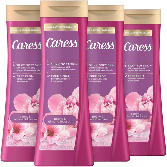 Caress Pfingstrosen & Mandelblüte Duschgel mit Hyaluronsäure & Vitamin B3 für seidig weiche Haut, langanhaltender floraler Bouquetduft, 20 fl oz (4er Pack)