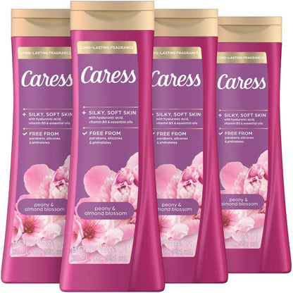 Caress Pfingstrosen & Mandelblüte Duschgel mit Hyaluronsäure & Vitamin B3 für seidig weiche Haut, langanhaltender floraler Bouquetduft, 20 fl oz (4er Pack)