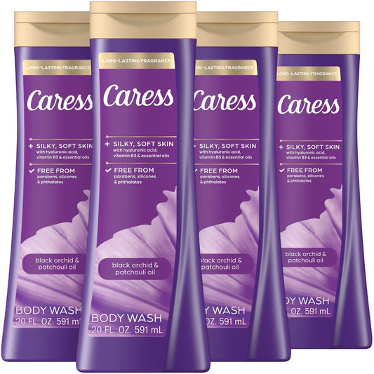 Caress Black Orchid & Patchouli Oil Body Wash mit Hyaluronsäure & Vitamin B3 für Feuchtigkeit und seidig weiche Haut, langanhaltender exotischer Duft, 20 fl oz (4er Pack)