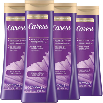 Caress Black Orchid & Patchouli Oil Body Wash mit Hyaluronsäure & Vitamin B3 für Feuchtigkeit und seidig weiche Haut, langanhaltender exotischer Duft, 20 fl oz (4er Pack)