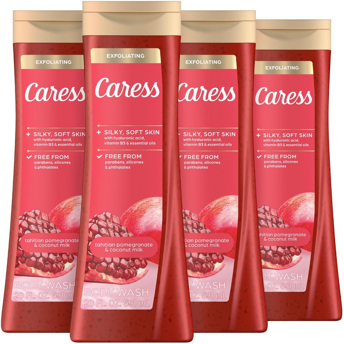 Caress Tahitian Pomegranate & Coconut Milk Peeling-Duschgel mit Hyaluronsäure & Vitamin B3 für feuchtigkeitsspendende, seidig weiche Haut, langanhaltender Duft, 20 fl oz (4er-Pack)