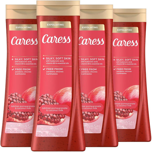 Caress Tahitian Pomegranate & Coconut Milk Peeling-Duschgel mit Hyaluronsäure & Vitamin B3 für feuchtigkeitsspendende, seidig weiche Haut, langanhaltender Duft, 20 fl oz (4er-Pack)