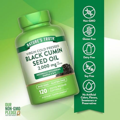 Nature's Truth Schwarzkümmelöl Kapseln | 2.000 mg | 120 Softgels | Kaltgepresstes, reines Schwarzkümmelöl | Nicht-GMO & Glutenfrei