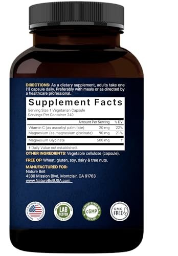 Naturebell Reines Magnesiumglycinat 500mg, 240 vegane Kapseln | 100% chelatisiert & gereinigt – 3. Partei getestet, vegan, nicht-GVO, ohne Füllstoffe
