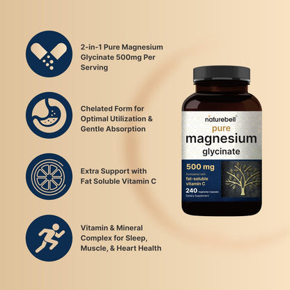 Naturebell Reines Magnesiumglycinat 500mg, 240 vegane Kapseln | 100% chelatisiert & gereinigt – 3. Partei getestet, vegan, nicht-GVO, ohne Füllstoffe