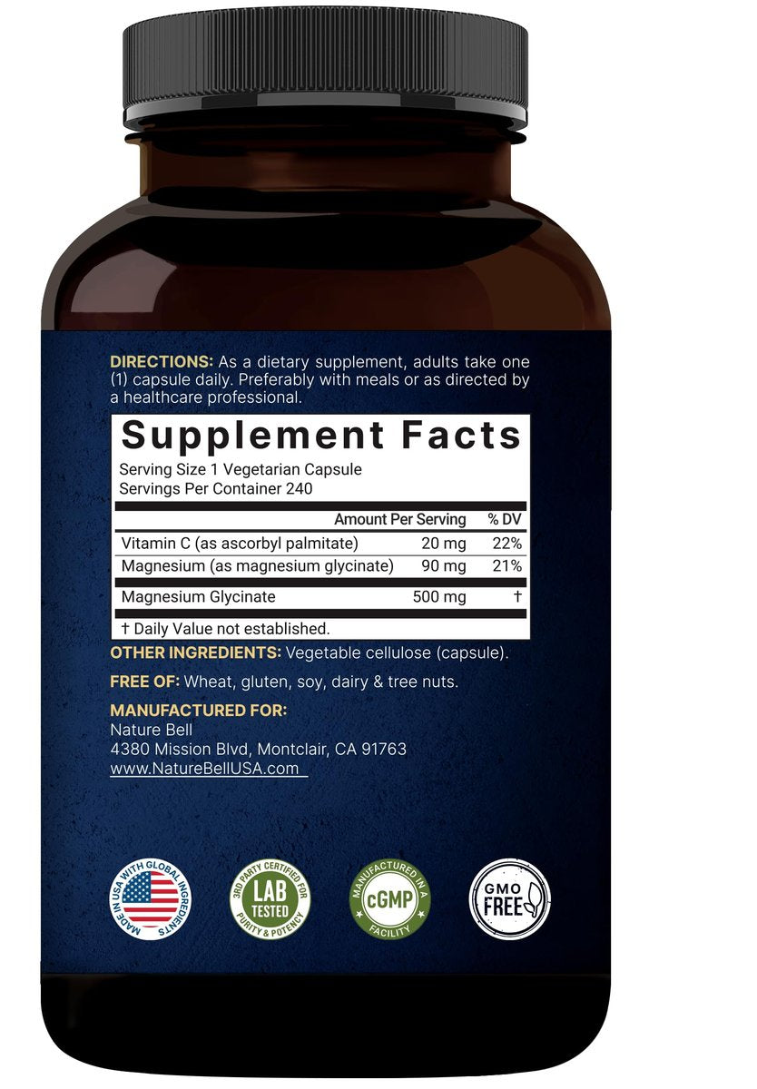 Naturebell Reines Magnesiumglycinat 500mg, 240 vegane Kapseln | 100% chelatisiert & gereinigt – 3. Partei getestet, vegan, nicht-GVO, ohne Füllstoffe