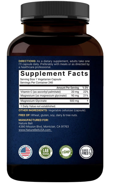 Naturebell Reines Magnesiumglycinat 500mg, 240 vegane Kapseln | 100% chelatisiert & gereinigt – 3. Partei getestet, vegan, nicht-GVO, ohne Füllstoffe