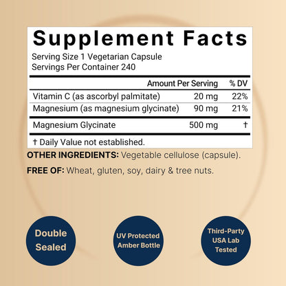 Naturebell Reines Magnesiumglycinat 500mg, 240 vegane Kapseln | 100% chelatisiert & gereinigt – 3. Partei getestet, vegan, nicht-GVO, ohne Füllstoffe