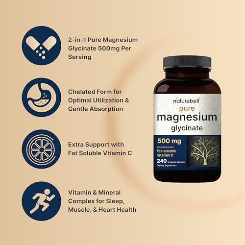 Naturebell Reines Magnesiumglycinat 500mg, 240 vegane Kapseln | 100% chelatisiert & gereinigt – 3. Partei getestet, vegan, nicht-GVO, ohne Füllstoffe