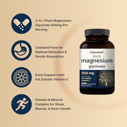 Naturebell Reines Magnesiumglycinat 500mg, 240 vegane Kapseln | 100% chelatisiert & gereinigt – 3. Partei getestet, vegan, nicht-GVO, ohne Füllstoffe