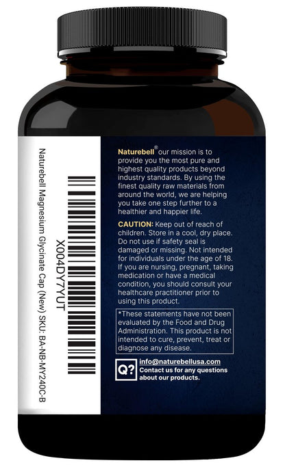 Naturebell Reines Magnesiumglycinat 500mg, 240 vegane Kapseln | 100% chelatisiert & gereinigt – 3. Partei getestet, vegan, nicht-GVO, ohne Füllstoffe
