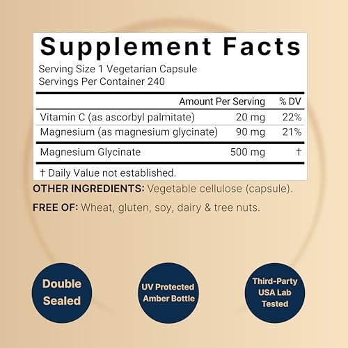 Naturebell Reines Magnesiumglycinat 500mg, 240 vegane Kapseln | 100% chelatisiert & gereinigt – 3. Partei getestet, vegan, nicht-GVO, ohne Füllstoffe