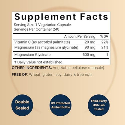Naturebell Reines Magnesiumglycinat 500mg, 240 vegane Kapseln | 100% chelatisiert & gereinigt – 3. Partei getestet, vegan, nicht-GVO, ohne Füllstoffe