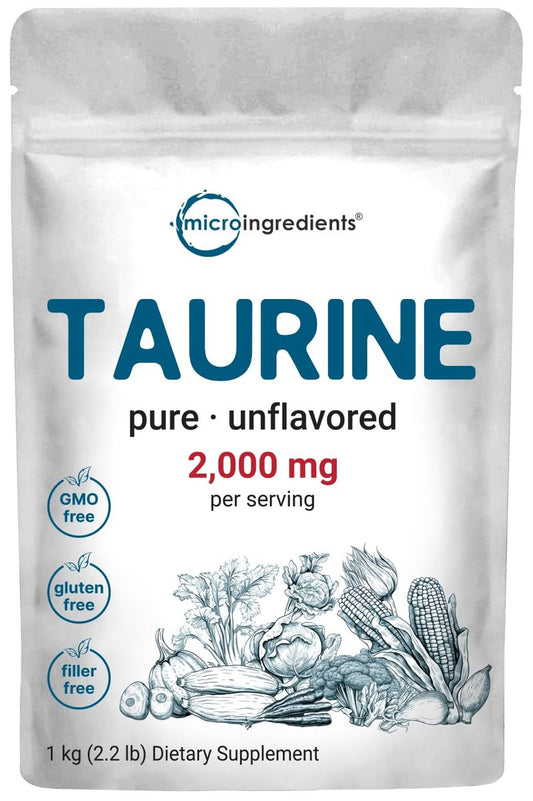 Micro Ingredients Taurin Pulver Ergänzung | 1 KG, 2000 mg pro Portion | Ungeschmackvoll | 100% Reine, Leicht Absorbierbare Freie Form | Essentielle Aminosäuren für Bewegung, Energie & Herzunterstützung
