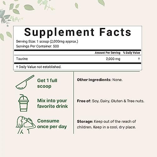 Micro Ingredients Taurin Pulver Ergänzung | 1 KG, 2000 mg pro Portion | Ungeschmackvoll | 100% Reine, Leicht Absorbierbare Freie Form | Essentielle Aminosäuren für Bewegung, Energie & Herzunterstützung