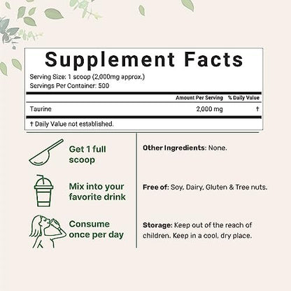 Micro Ingredients Taurin Pulver Ergänzung | 1 KG, 2000 mg pro Portion | Ungeschmackvoll | 100% Reine, Leicht Absorbierbare Freie Form | Essentielle Aminosäuren für Bewegung, Energie & Herzunterstützung