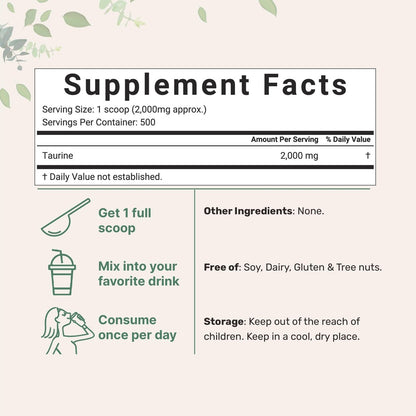 Micro Ingredients Taurin Pulver Ergänzung | 1 KG, 2000 mg pro Portion | Ungeschmackvoll | 100% Reine, Leicht Absorbierbare Freie Form | Essentielle Aminosäuren für Bewegung, Energie & Herzunterstützung