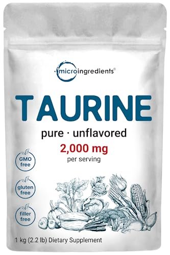 Micro Ingredients Taurin Pulver Ergänzung | 1 KG, 2000 mg pro Portion | Ungeschmackvoll | 100% Reine, Leicht Absorbierbare Freie Form | Essentielle Aminosäuren für Bewegung, Energie & Herzunterstützung
