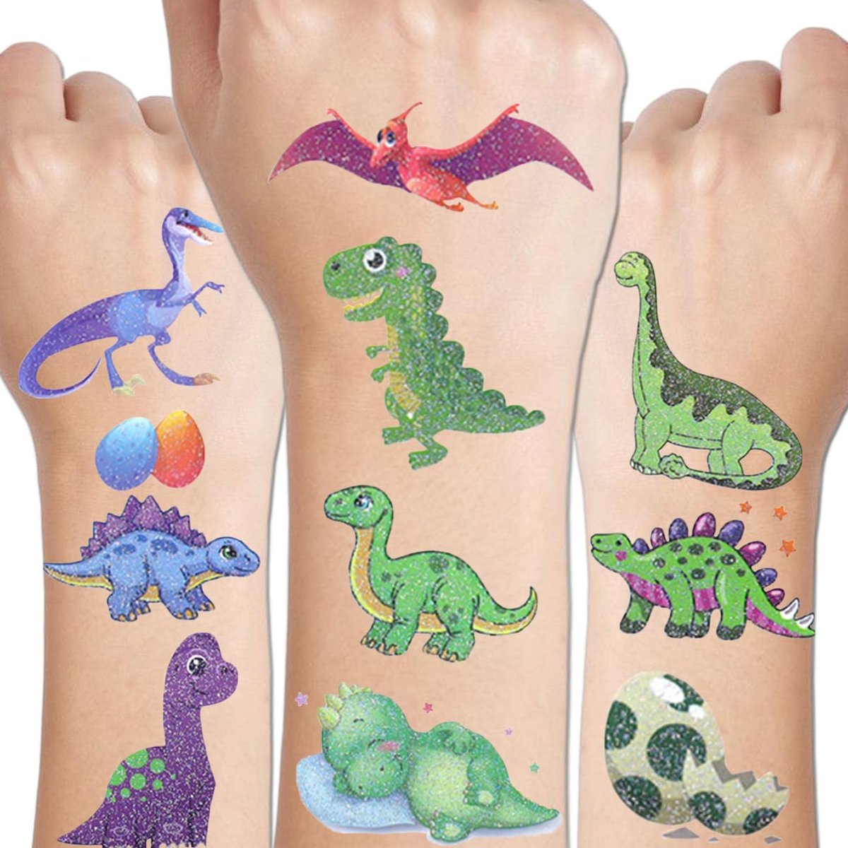 CHARLENT 110 Glitzer Dinosaurier Temporäre Tattoos für Kinder - 14 Blatt Glitzer Dino Tattoos für Jungen Mädchen Dino Geburtstagsparty Geschenktütenfüller