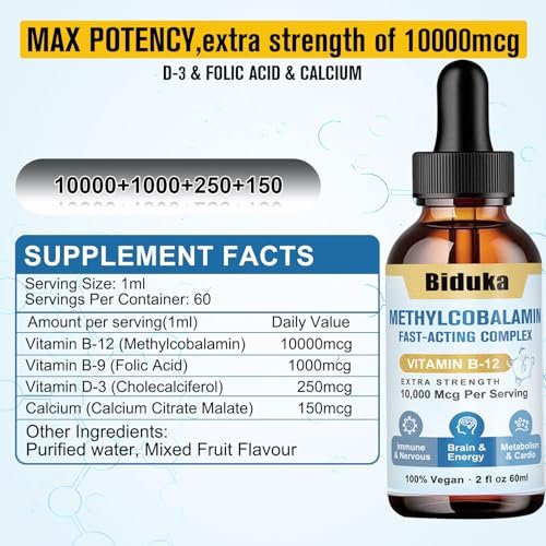 Biduka 10.000 mcg Vitamin B12 flüssige Tropfen sublingual – einzigartige Formel mit D3, Folsäure, Calcium – unterstützt Energie, Herz, Stimmung, Gehirn, Immunsystem – vegan, nicht-GVO & glutenfrei