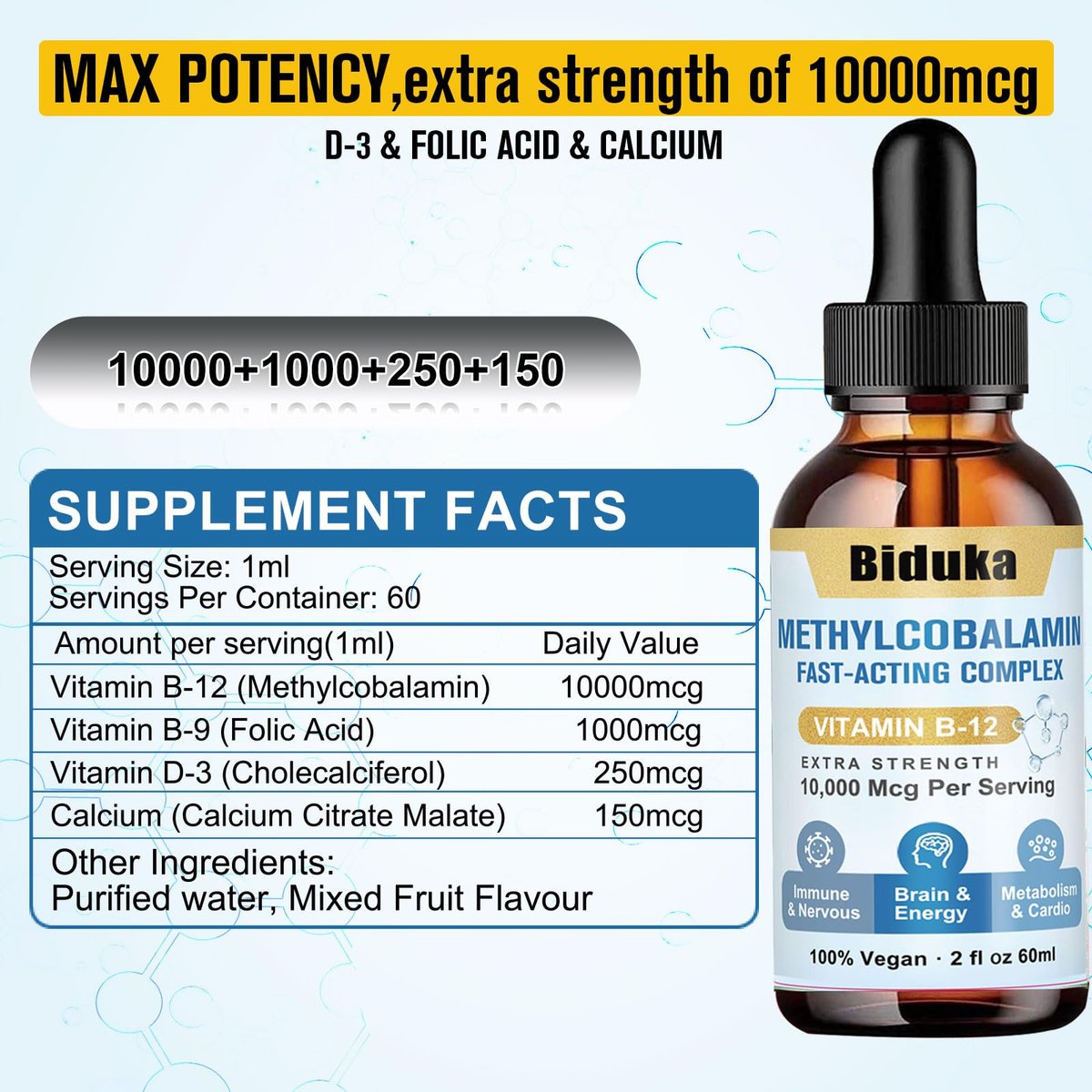 Biduka 10.000 mcg Vitamin B12 flüssige Tropfen sublingual – einzigartige Formel mit D3, Folsäure, Calcium – unterstützt Energie, Herz, Stimmung, Gehirn, Immunsystem – vegan, nicht-GVO & glutenfrei