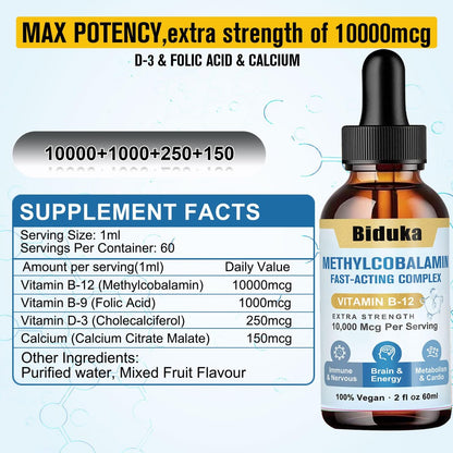 Biduka 10.000 mcg Vitamin B12 flüssige Tropfen sublingual – einzigartige Formel mit D3, Folsäure, Calcium – unterstützt Energie, Herz, Stimmung, Gehirn, Immunsystem – vegan, nicht-GVO & glutenfrei