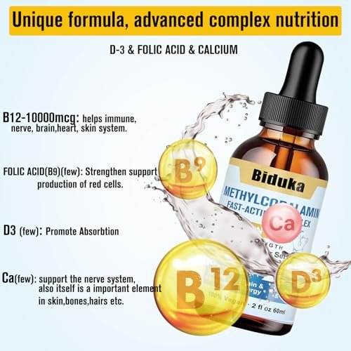Biduka 10.000 mcg Vitamin B12 flüssige Tropfen sublingual – einzigartige Formel mit D3, Folsäure, Calcium – unterstützt Energie, Herz, Stimmung, Gehirn, Immunsystem – vegan, nicht-GVO & glutenfrei
