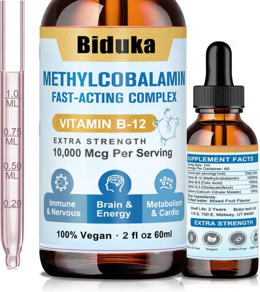 Biduka 10.000 mcg Vitamin B12 flüssige Tropfen sublingual – einzigartige Formel mit D3, Folsäure, Calcium – unterstützt Energie, Herz, Stimmung, Gehirn, Immunsystem – vegan, nicht-GVO & glutenfrei