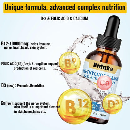 Biduka 10.000 mcg Vitamin B12 flüssige Tropfen sublingual – einzigartige Formel mit D3, Folsäure, Calcium – unterstützt Energie, Herz, Stimmung, Gehirn, Immunsystem – vegan, nicht-GVO & glutenfrei