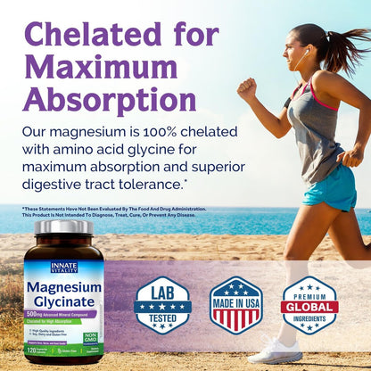 Innate Vitality Magnesium Glycinat 500mg | 70mg Elementares Magnesium – Hoch absorbierbar, nicht gepuffert, vegan & glutenfrei – 120 Kapseln