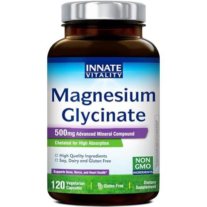 Innate Vitality Magnesium Glycinat 500mg | 70mg Elementares Magnesium – Hoch absorbierbar, nicht gepuffert, vegan & glutenfrei – 120 Kapseln