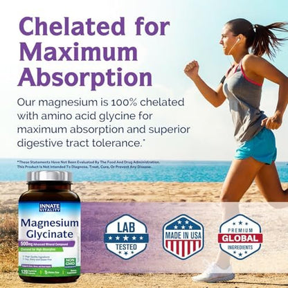 Innate Vitality Magnesium Glycinat 500mg | 70mg Elementares Magnesium – Hoch absorbierbar, nicht gepuffert, vegan & glutenfrei – 120 Kapseln